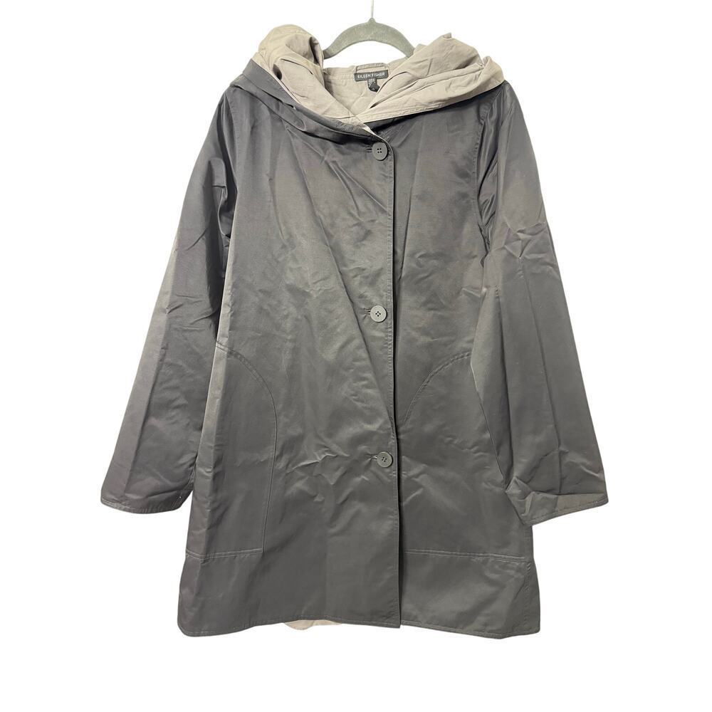 Eileen Fisher Reversible Black Gray Hooded Rain Coat Sz Sm